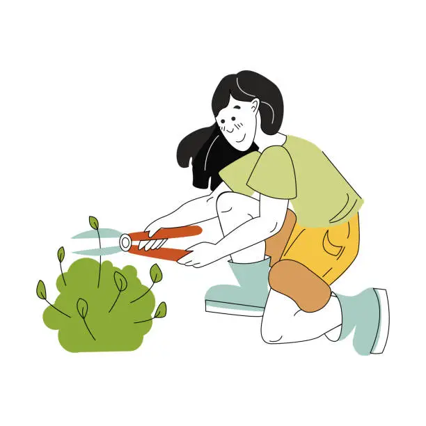 Vector illustration of A girl cuts a bush with garden shears, spring work in the garden.