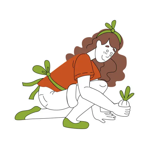 Vector illustration of A young girl plants a bulb in the soil