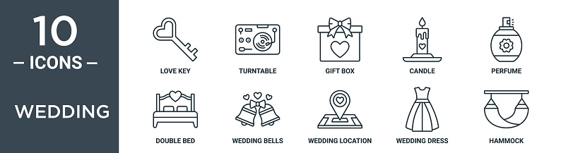 wedding outline icon set includes thin line love key, turntable, gift box, candle, perfume, double bed, wedding bells icons for report, presentation, diagram, web design