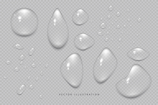 Water drops, condensation on the window, on the surface. Vector illustration on an isolated transparent background