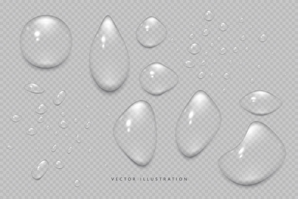 Water drops, condensation on the window, on the surface. Realistic Vector illustration on a transparent background Water drops, condensation on the window, on the surface. Vector illustration on an isolated transparent background rain drop stock illustrations