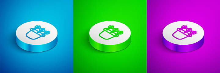 Isometric line Quiver with arrows icon isolated on blue, green and purple background. White circle button. Vector.