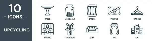 Vector illustration of upcycling outline icon set includes thin line table, money jar, barrel, pillows, hanger, mosaic, teddy bear icons for report, presentation, diagram, web design