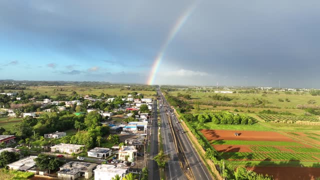Road Going Towards Rainbow In Puerto Rico - Aerial Drone Footage Of Highway Between Isabela And Aguadilla