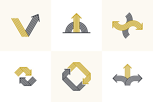 Concept arrows vector logos set isolated, double arrows symbol pictograms collection, stripy icon of arrow.