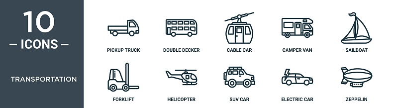 transportation outline icon set includes thin line pickup truck, double decker, cable car, camper van, sailboat, forklift, helicopter icons for report, presentation, diagram, web design