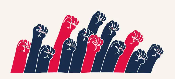 Vector illustration of Raised fists vector illustration, concept of revolution or protest, fight for rights, political and social theme, together we are stronger.