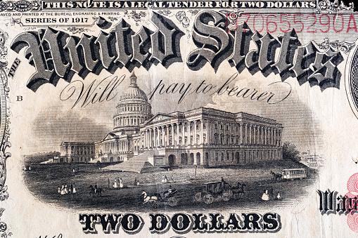 Vintage elements of paper banknotes.Bonistics.Fragment of 2 US dollar banknote for design purpose. United States of America