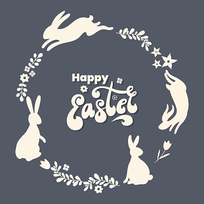 Happy Easter card, invitation. Happy Easter lettering, wreath of Easter bunnies and flowers. Isolated on background.Vector illustration,