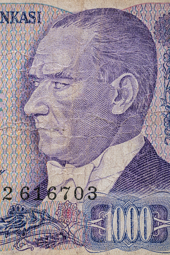 Vintage elements of old paper banknotes.Bonistics.President Mustafa Kemal Ataturk 1000 Lira 1970 Banknotes.Turkish Lira.Fragment  banknote for design purpose.