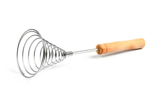 stainless steel wire whisk on white backgroundsee my