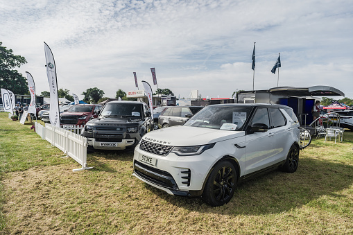 Nantwich, Cheshire, England, July 26th 2023. White Land Rover Discovery Sport at a trade show stand.