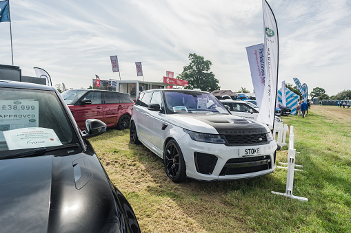 Nantwich, Cheshire, England, July 26th 2023. White Range Rover SVR at a trade show stand.