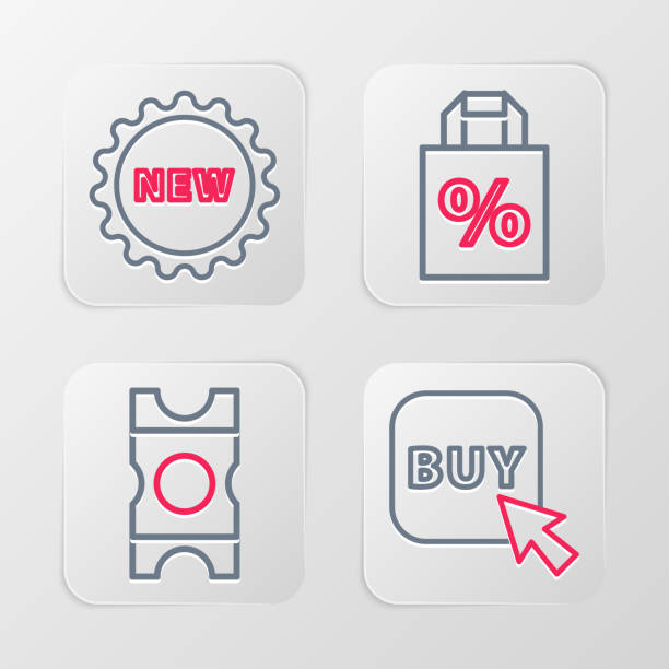Set line Buy button, Coupon, Shoping bag with percent discount and Price tag text New icon. Vector Set line Buy button Coupon Shoping bag with percent discount and Price tag text New icon. Vector. priority baggage tag stock illustrations