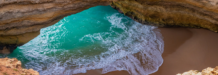 Aerial view of the famous Benagil Cave, Algar de Benagil, Lagoa, Algarve, Portugal