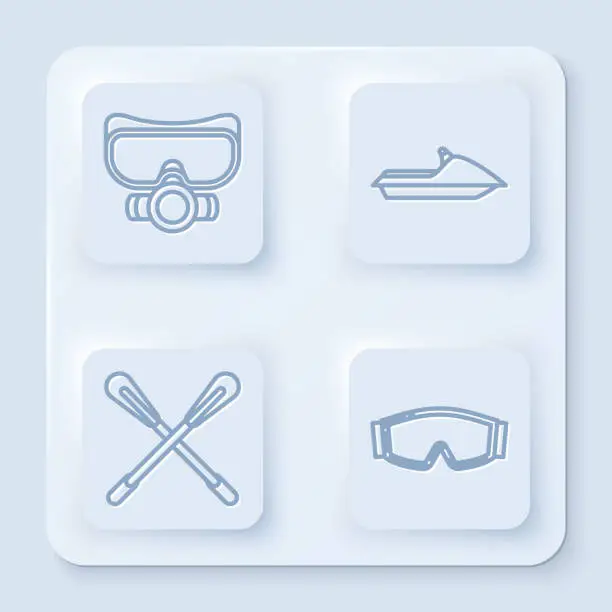 Vector illustration of Set line Diving mask, Jet ski, Crossed paddle and Ski goggles. White square button. Vector