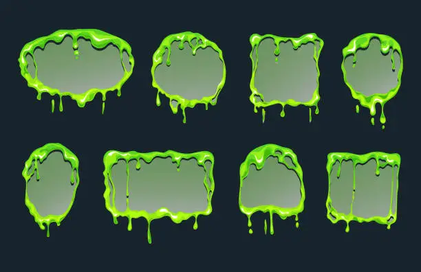 Vector illustration of Green slime goo flows frames with different shapes. Mucus fluid cartoon style concept. Vector graphic design illustration