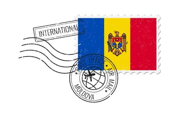 Vector illustration of Moldova grunge postage stamp. Vintage postcard vector illustration with Moldovan national flag isolated on white background. Retro style.
