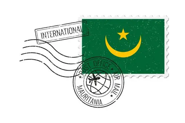Vector illustration of Mauritania  grunge postage stamp. Vintage postcard vector illustration with national flag of Mauritania isolated on white background. Retro style.