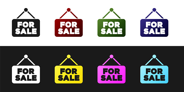 Set Hanging sign with text For Sale icon isolated on black and white background. Signboard with text For Sale. Vector.