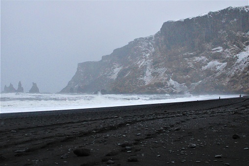 The black sand beach of Vik, crossed by the footprints of the icelandic horses