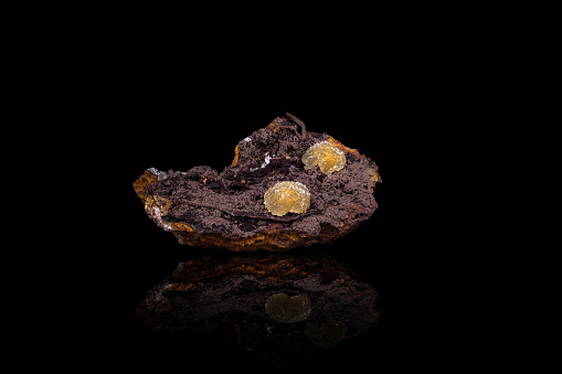 austinite crystals photography isolated on black blackground. From Ojuela Mine, Mapimi, Durango, Mexico. macro detail  background. close-up Rough raw unpolished semi-precious gemstone.