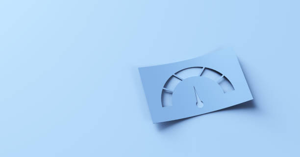 Tachometer, speedometer and performance measurement icon Gray paper bubble on blue background