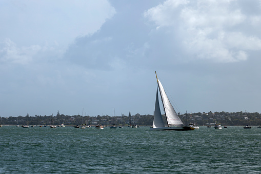 Seattle, Washington, USA - February 12, 2022: The winter Snowbird Regatta hosted by the The Shilshole Bay Yacht Club in Seattle, Washington races on a clear winter day.