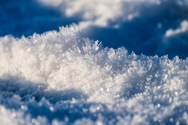 A close-up photo of snow and snow crystals illuminated by sunlight.