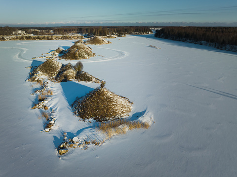 Winter nature scene of Estonia. Frozen Lake Vandjala. Drone photo. High quality photo