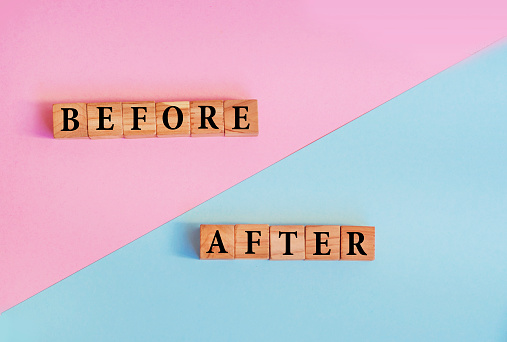 Before and after words on wooden cubes