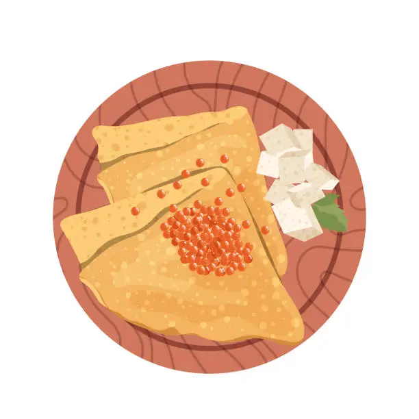 Vector illustration of Pancakes triangle envelop shape snack with red fish caviar and feta cheese served on wooden plate