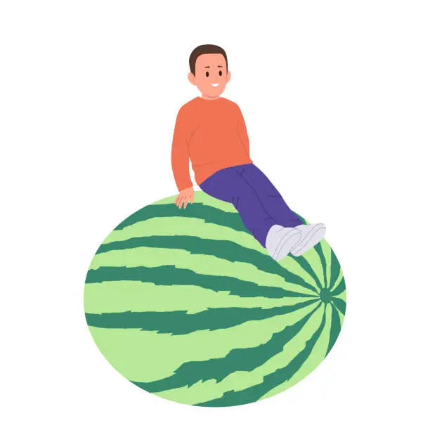 Vector illustration of Little cheerful boy child cartoon character sitting on giant watermelon isolated on white background