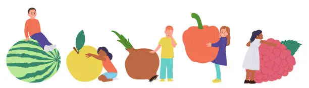 Vector illustration of Children cartoon characters with huge natural fresh organic fruits and vegetables isolated set