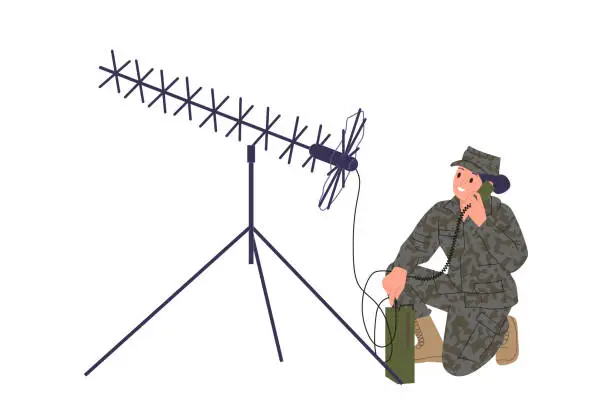 Vector illustration of Military woman cartoon character working with radio communications in army isolated on white