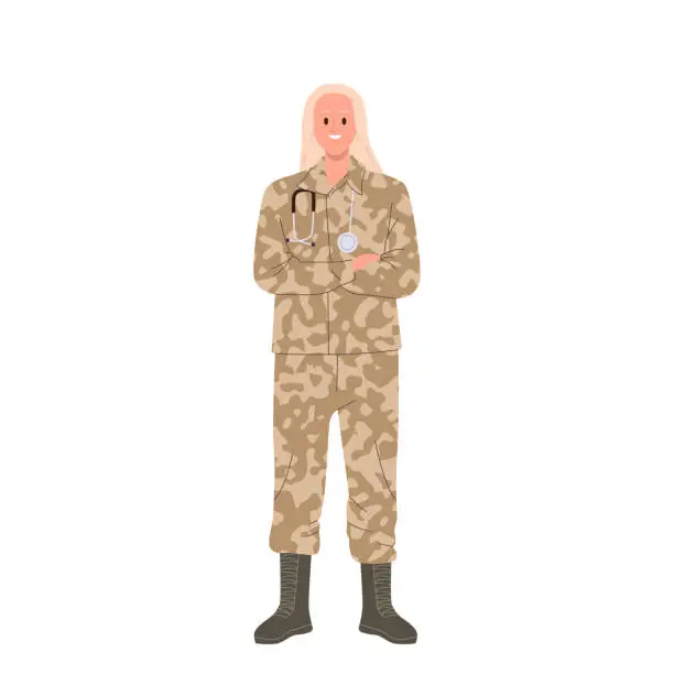 Vector illustration of Military woman doctor cartoon character wearing camouflage uniform and stethoscope isolated on white