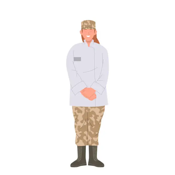 Vector illustration of Military woman nurse hospital worker cartoon character wearing camouflage uniform and white coat