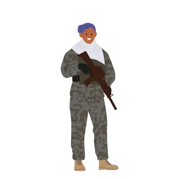Vector illustration of Isolated professional military woman soldier cartoon character wearing camouflage holding riffle