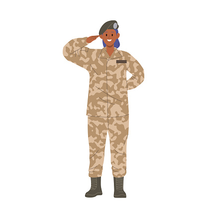 Strong young military woman cartoon character wearing camouflage uniform and hat saluting isolated on white background. Brave professional female officer of special army forces vector illustration