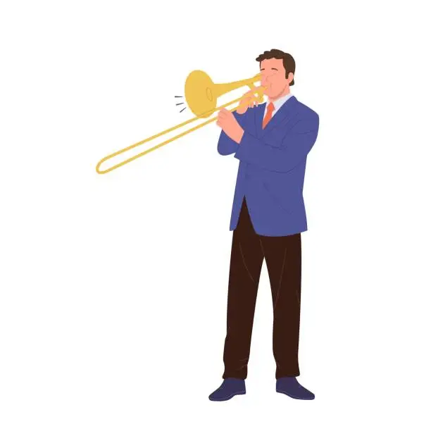 Vector illustration of Jazz man cartoon character playing trumpet enjoying solo or orchestra performance isolated on white