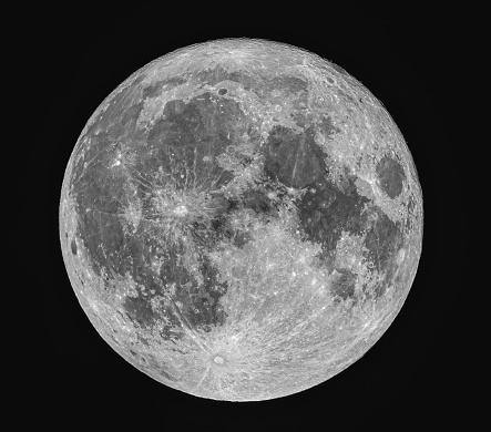 Close up image of full moon in the Northern Hemisphere as seen from a private observatory in central Europe