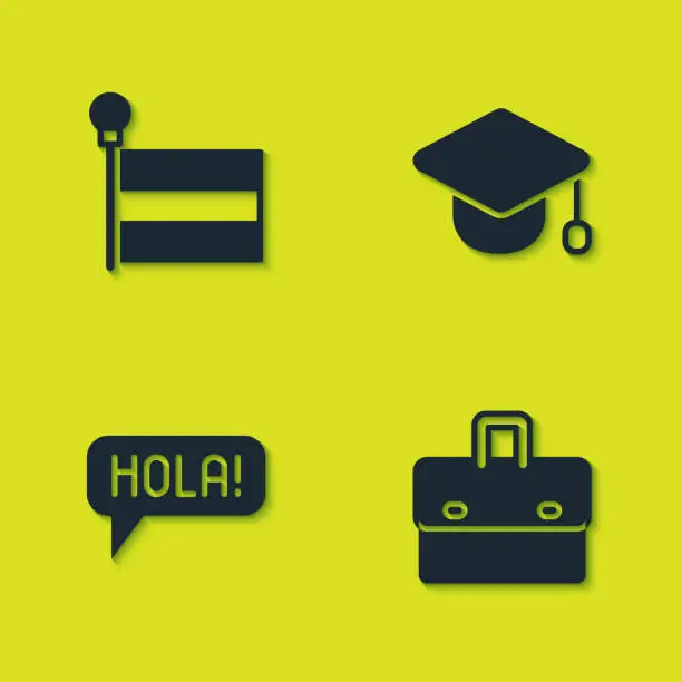 Vector illustration of Set Flag, Briefcase, Hola in different languages and Graduation cap icon. Vector