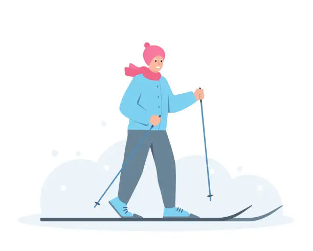 Vector illustration of Happy elderly woman in warm clothes skiing in winter cold weather. Cross-country skiing woman.