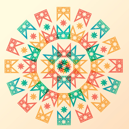 Festa junina mosaic in risograph style. Decorated flags in color overlay. Celebration template. Retro style flags kaleidoscope. Party element. Vector illustration.