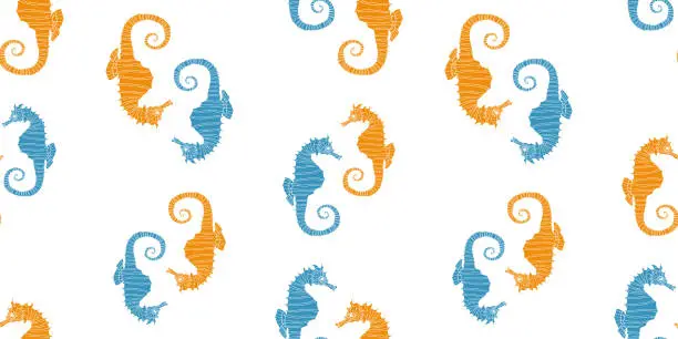 Vector illustration of Seamless pattern of blue and orange silhouettes decorative sea horses, vector background for wallpaper,textile,paper