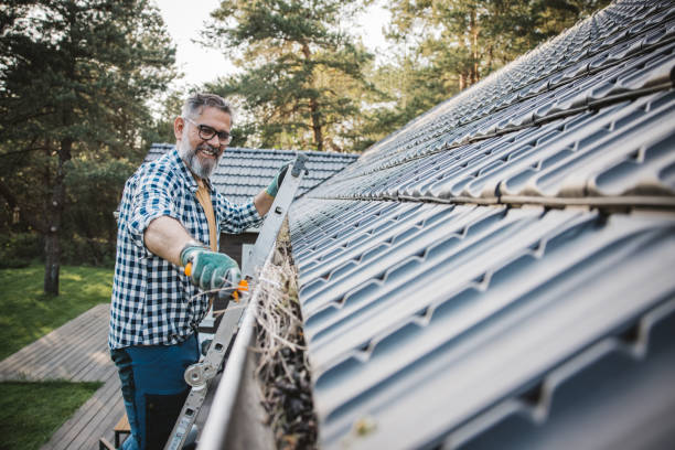 Man cleaning leaves from guttering of house
