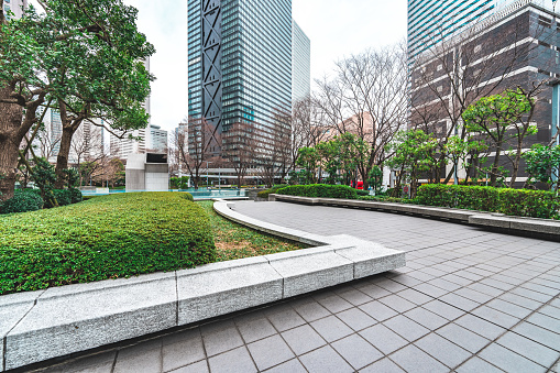 Empty footpath in office park, Shinjuku, Tokyo