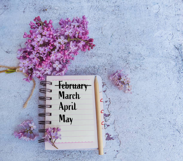 istock February ,March, April ,May Months written on notebook with purple lilac 2003502080