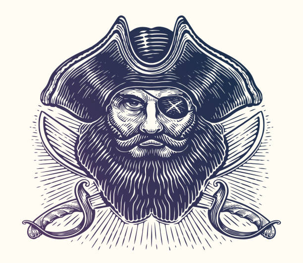 Pirate head over crossed sabers. Black Mark, Corsair, Jolly Roger. Vector illustration sketch engraving style