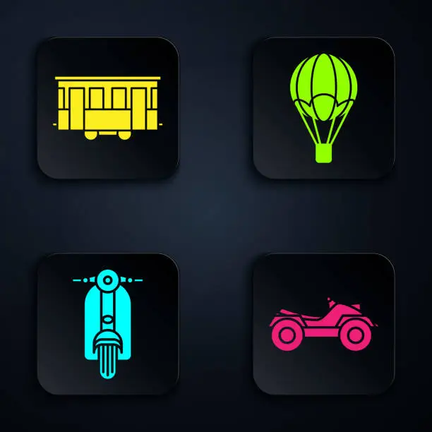 Vector illustration of Set All Terrain Vehicle or ATV motorcycle, Old city tram, Scooter and Hot air balloon. Black square button. Vector